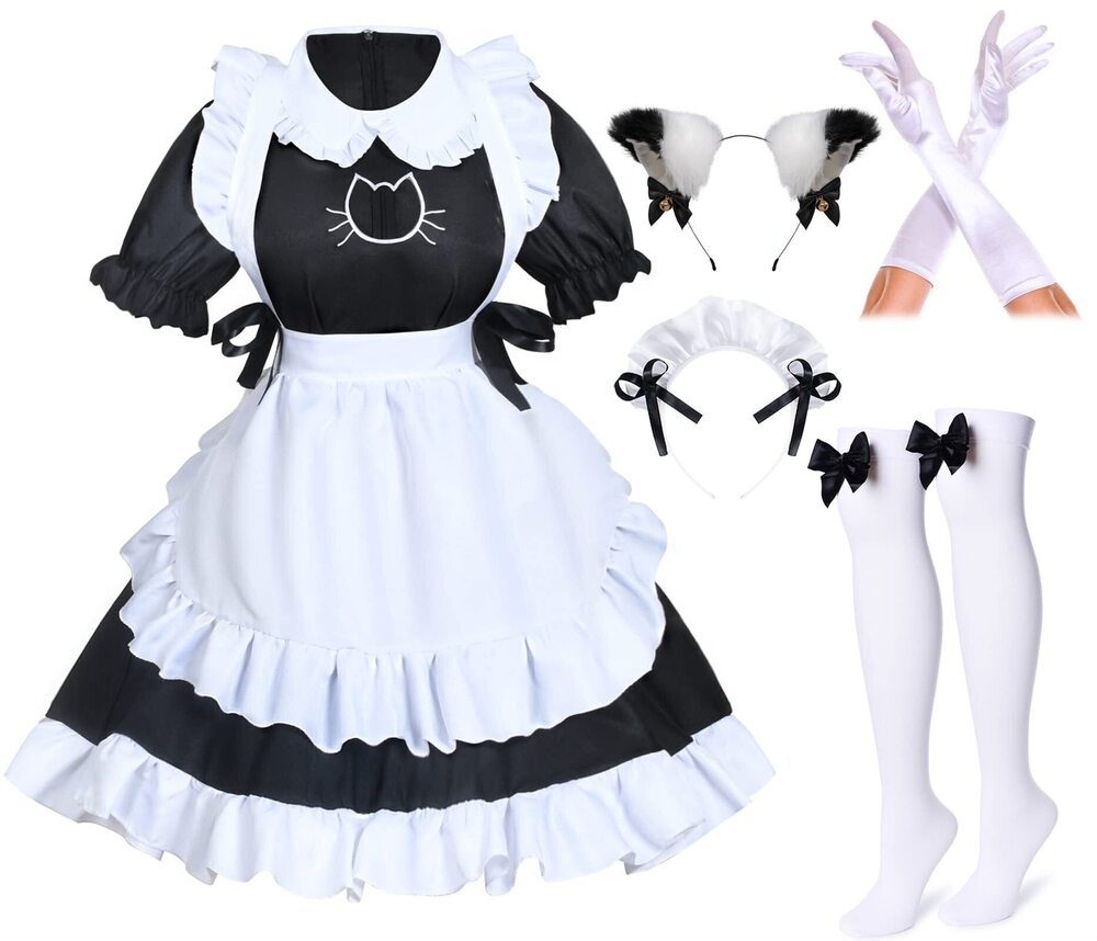 4272 Anime French Cat Maid Apron Fancy Dress Cosplay Costume Headwear